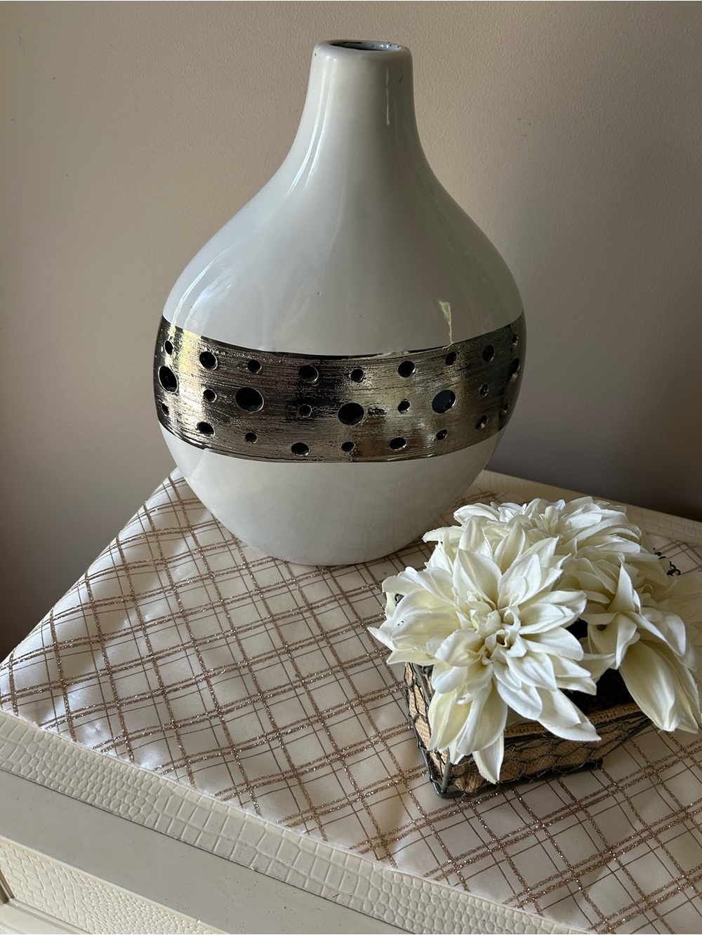 White Ceramic Accent Vase with Metallic Band